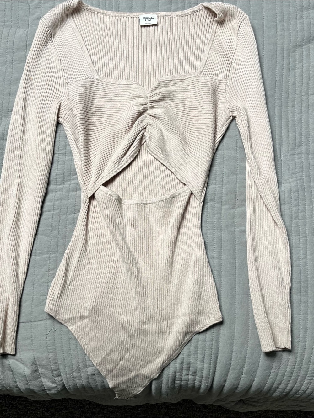 Abercrombie & Fitch Cream Ribbed Long-Sleeve Twist-Front Bodysuit